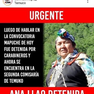 Nación Mapuche.Temuco: Represión y detención de la lamgen Ana Llao Llao conocida werken de la ciudad de Temuco, junto con su hijo y otras 9 personas