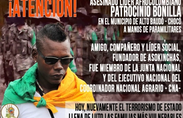 Colombia. Denuncian el asesinato del líder comunitario Patrocinio Bonilla en el Chocó
