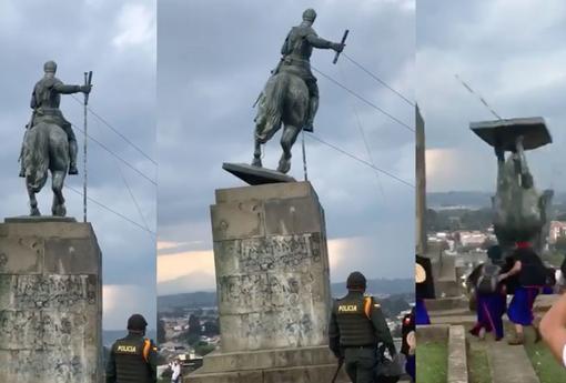 Indígenas Misak derriban la estatua del conquistador español Sebastián de Belalcázar en Colombia (VIDEO)