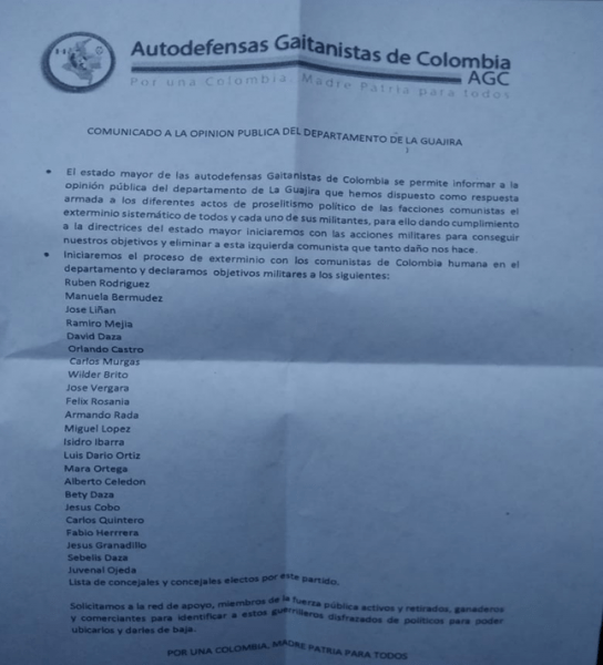 Colombia: Paramilitares amenazan de muerte a concejales electos de Colombia Humana: prometen el exterminio de la izquierda