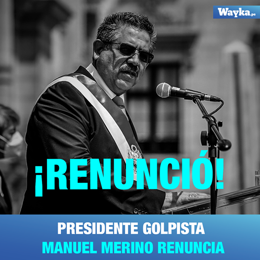 La imagen puede contener: 1 persona, texto que dice "Wayka.p. RENUNCIÓ! PRESIDENTE GOLPISTA MANUEL MERINO RENUNCIA"