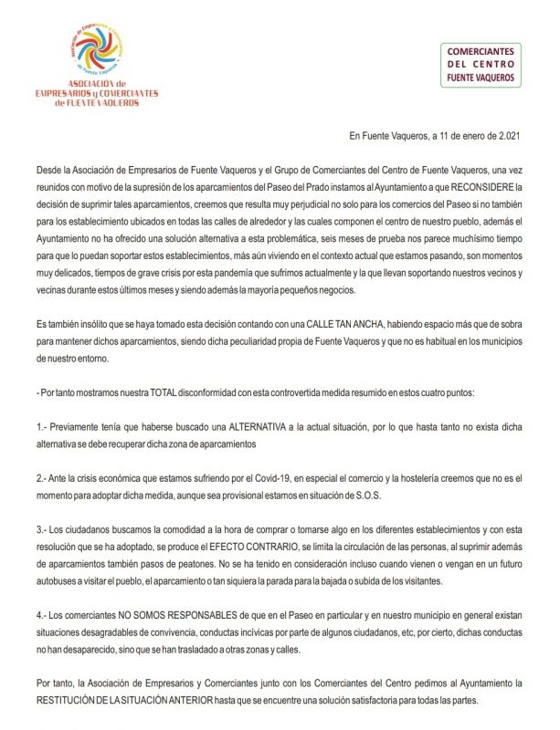 Fuente Vaqueros: La asociación de comerciantes rechaza la reordenación del tráfico realiza por el Ayuntamiento (PSOE)