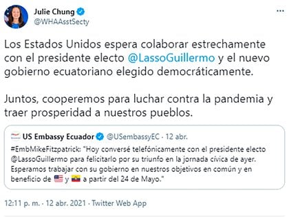 El mensaje de una de las diplomáticas de la embajada de EEUU en Ecuador