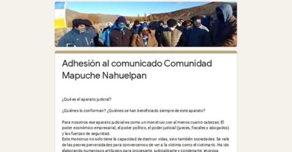 Nación Mapuche. Adhesión al comunicado Comunidad Nahuelpan