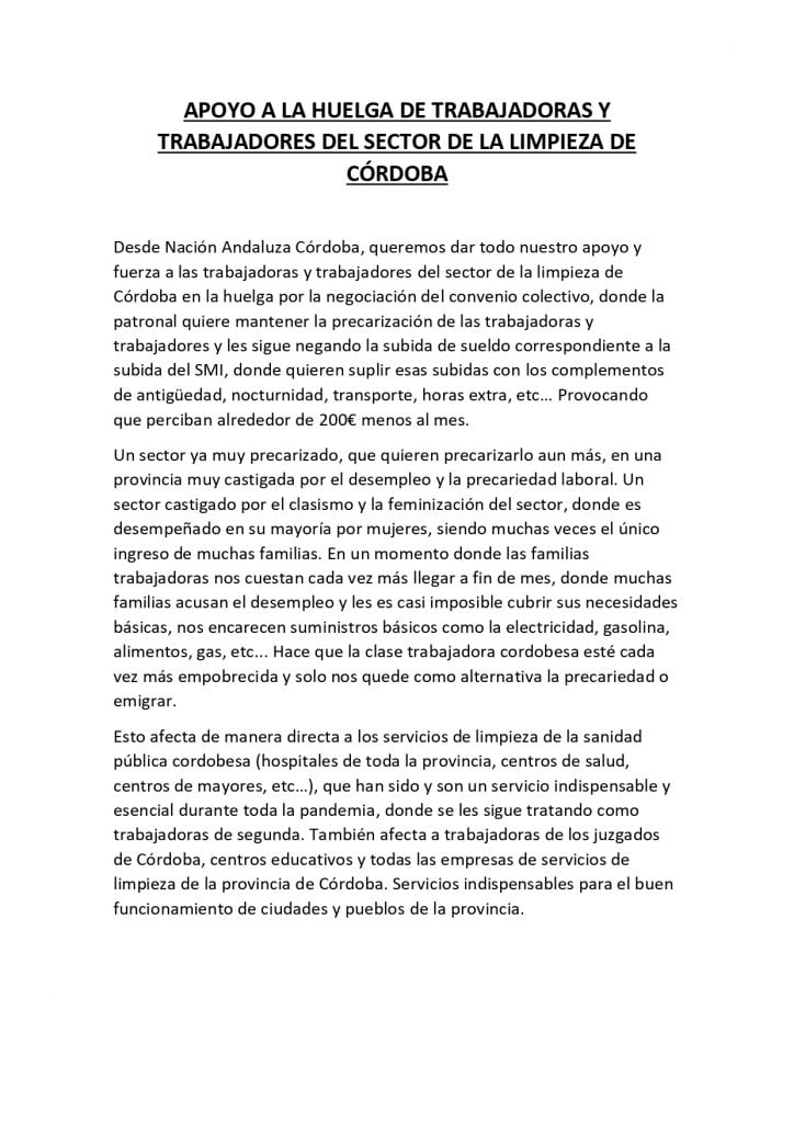 Comunicado de Nación Andaluza Córdoba en apoyo a la huelga del sector de la limpieza en Córdoba
