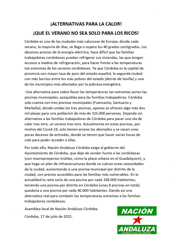 Comunicado de Nación Andaluza Córdoba por la falta de piscinas municipales