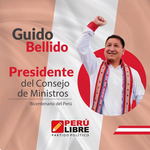Puede ser una imagen de 1 persona y texto que dice "Guido Bellido Presidente del Consejo de Ministros Bicentenario del PerÃº PERÃš LIBRE PARTIDOPOLÃTICO PARTIDO POLÃTICO"