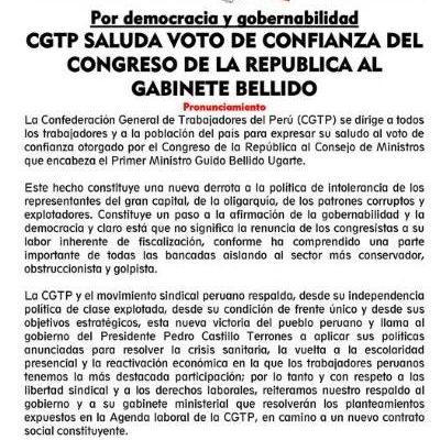 Perú. CGTP saluda voto de confianza del Congreso de la República al gabinete Bellido