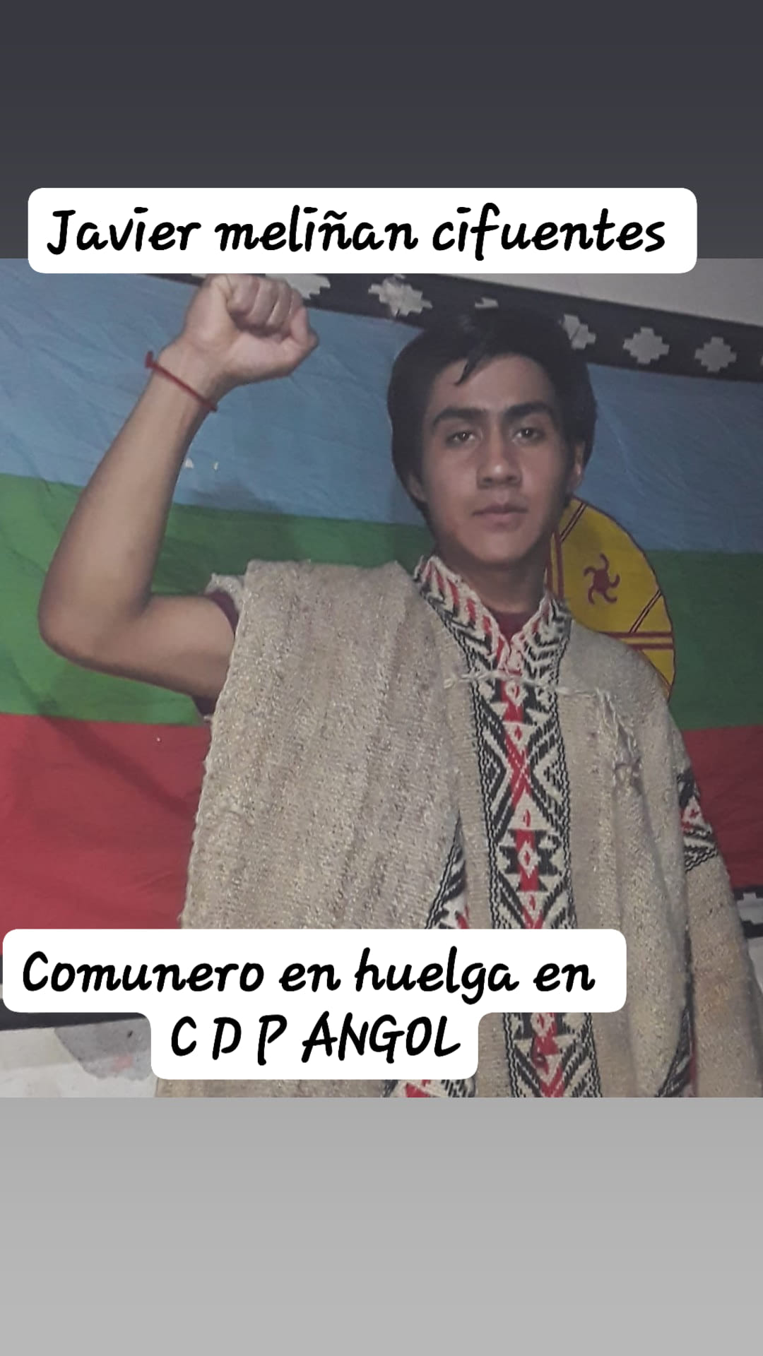 Puede ser una imagen de 1 persona, de pie y texto que dice "Javier meliñan cifuentes Comunero en huelga en CPP ANGOL"