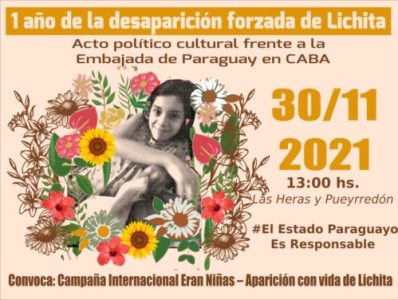Argentina. A un año de la desaparición  forzosa en Paraguay de la niña Lichita, este martes 30/11 se convocan varias movilizaciones